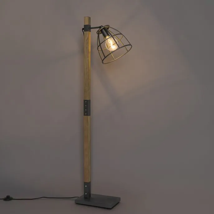 Industriële vloerlamp donkergrijs met hout - Arthur