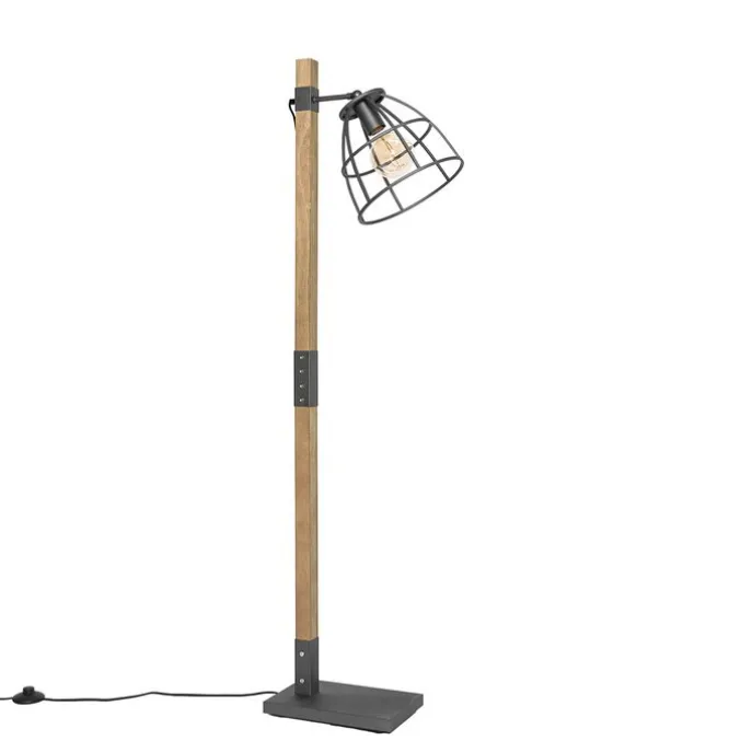 Industriële vloerlamp donkergrijs met hout - Arthur