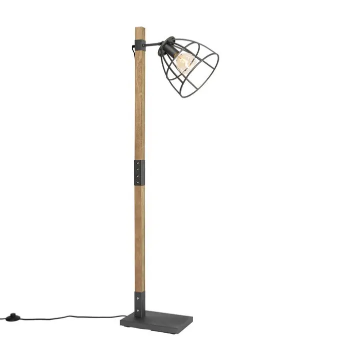 Industriële vloerlamp donkergrijs met hout - Arthur