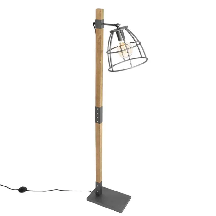 Industriële vloerlamp donkergrijs met hout - Arthur