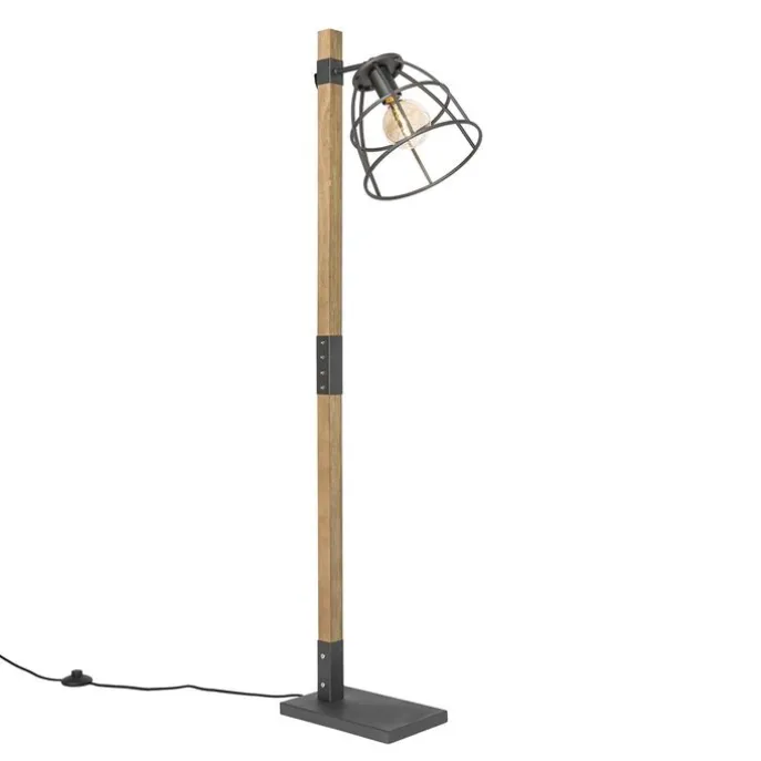 Industriële vloerlamp donkergrijs met hout - Arthur