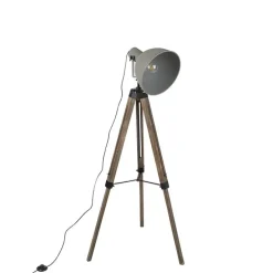 Industriële vloerlamp op houten tripod met grijze kap - Laos