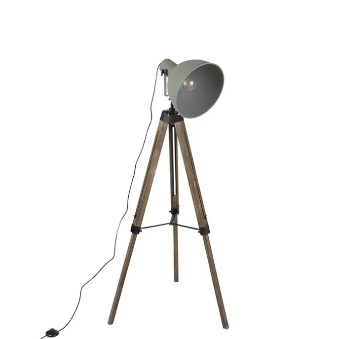 Industriële vloerlamp op houten tripod met grijze kap - Laos