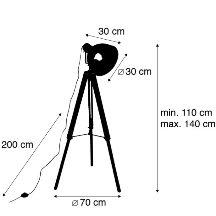 Industriële vloerlamp op houten tripod met grijze kap - Laos