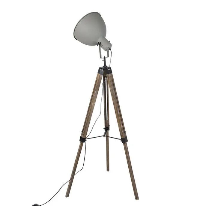 Industriële vloerlamp op houten tripod met grijze kap - Laos