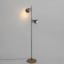 Industriële vloerlamp staal met hout 2-lichts - Emado
