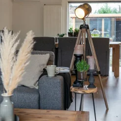 Industriële vloerlamp tripod hout met studiospot - Braha