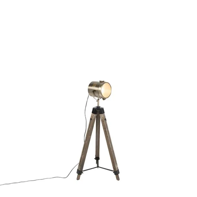 Industriële vloerlamp tripod hout met studiospot - Braha