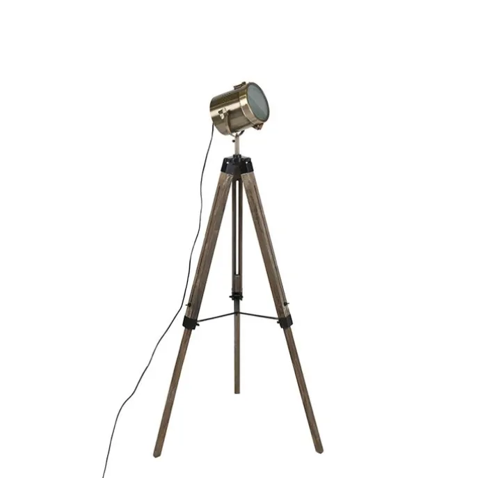 Industriële vloerlamp tripod hout met studiospot - Braha