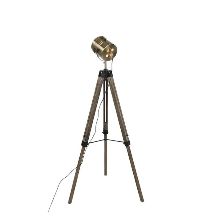 Industriële vloerlamp tripod hout met studiospot - Braha