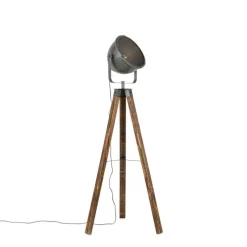 Industriële vloerlamp tripod staal met hout kantelbaar - Emado