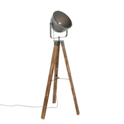 Industriële vloerlamp tripod staal met hout kantelbaar - Emado