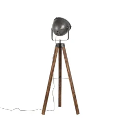 Industriële vloerlamp tripod staal met hout kantelbaar - Emado