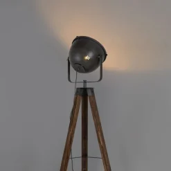 Industriële vloerlamp tripod staal met hout kantelbaar - Emado