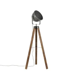 Industriële vloerlamp tripod staal met hout kantelbaar - Emado