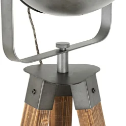 Industriële vloerlamp tripod staal met hout kantelbaar - Emado