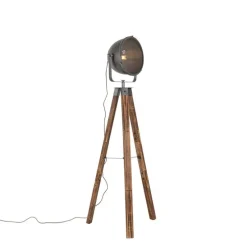 Industriële vloerlamp tripod staal met hout kantelbaar - Emado