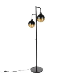 Industriële vloerlamp zwart met messing 2-lichts - Haicha