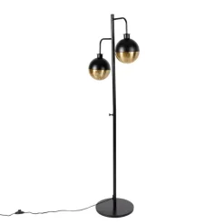 Industriële vloerlamp zwart met messing 2-lichts - Haicha