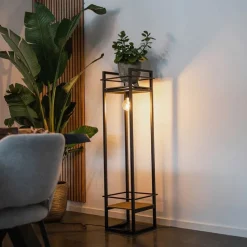 Industriële vloerlamp zwart met hout - Cage Rack