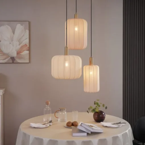 Japandi hanglamp zwart en goud met beige kap 3-lichts - Pluni