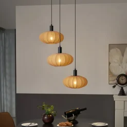 Japandi hanglamp zwart met bruine stoffen kap 3-lichts - Bida