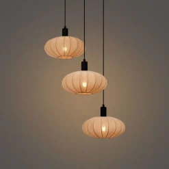 Japandi hanglamp zwart met bruine stoffen kap 3-lichts - Bida