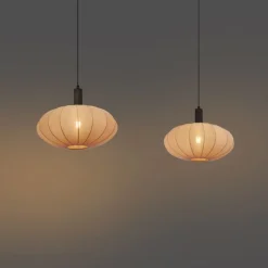 Japandi hanglamp zwart met bruine stoffen kap 2-lichts - Bida