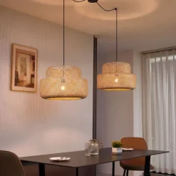 Japandi hanglamp zwart met bamboe 2-lichts - Kea