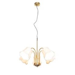 Klassieke hanglamp messing met witte lampenkap 5-lichts - Nona