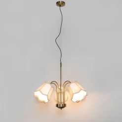 Klassieke hanglamp messing met witte lampenkap 5-lichts - Nona