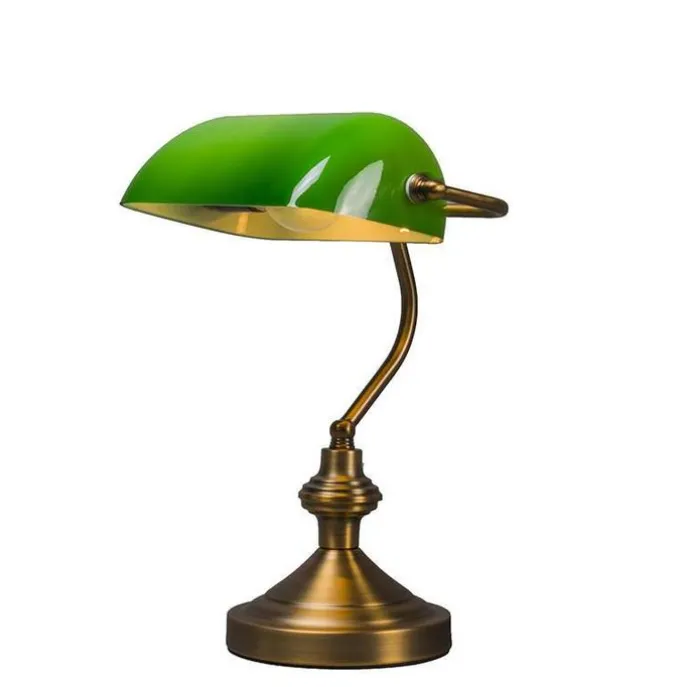 Klassieke tafellamp/notarislamp brons met groen glas - Banker