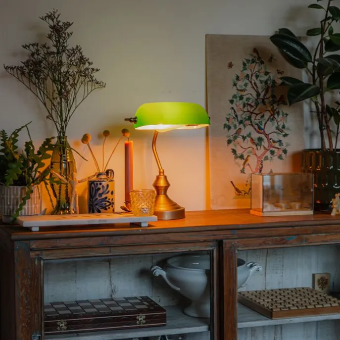 Klassieke tafellamp/notarislamp brons met groen glas - Banker