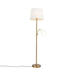 Klassieke vloerlamp brons stoffen kap wit met leeslamp - Retro
