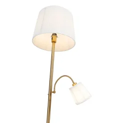 Klassieke vloerlamp brons stoffen kap wit met leeslamp - Retro