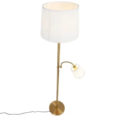 Klassieke vloerlamp brons stoffen kap wit met leeslamp - Retro