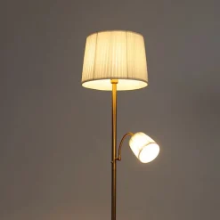 Klassieke vloerlamp brons stoffen kap wit met leeslamp - Retro