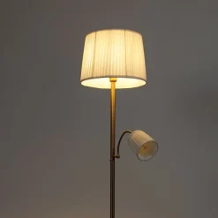 Klassieke vloerlamp brons stoffen kap wit met leeslamp - Retro