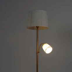 Klassieke vloerlamp brons stoffen kap wit met leeslamp - Retro