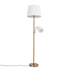 Klassieke vloerlamp brons stoffen kap wit met leeslamp - Retro