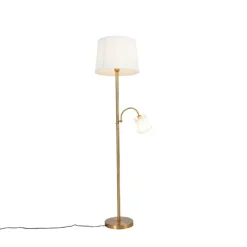 Klassieke vloerlamp brons stoffen kap wit met leeslamp - Retro