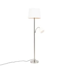 Klassieke vloerlamp staal met witte kap en leeslampje - Retro