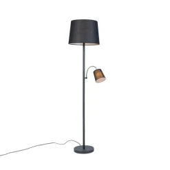 Klassieke vloerlamp zwart met zwarte kap en leeslampje - Retro