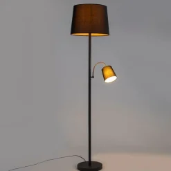 Klassieke vloerlamp zwart met zwarte kap en leeslampje - Retro
