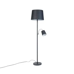 Klassieke vloerlamp zwart met zwarte kap en leeslampje - Retro