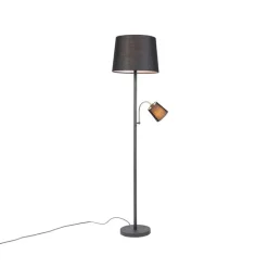 Klassieke vloerlamp zwart met zwarte kap en leeslampje - Retro
