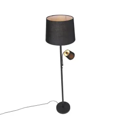 Klassieke vloerlamp zwart met zwarte kap en leeslampje - Retro