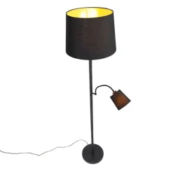 Klassieke vloerlamp zwart met goud en leeslampje - Retro