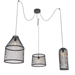 Landelijke buiten hanglamp zwart rotan 3-lichts - Calamus