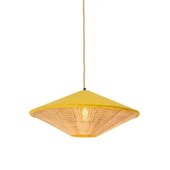 Landelijke hanglamp geel velours met rotan 60cm - Frills Can